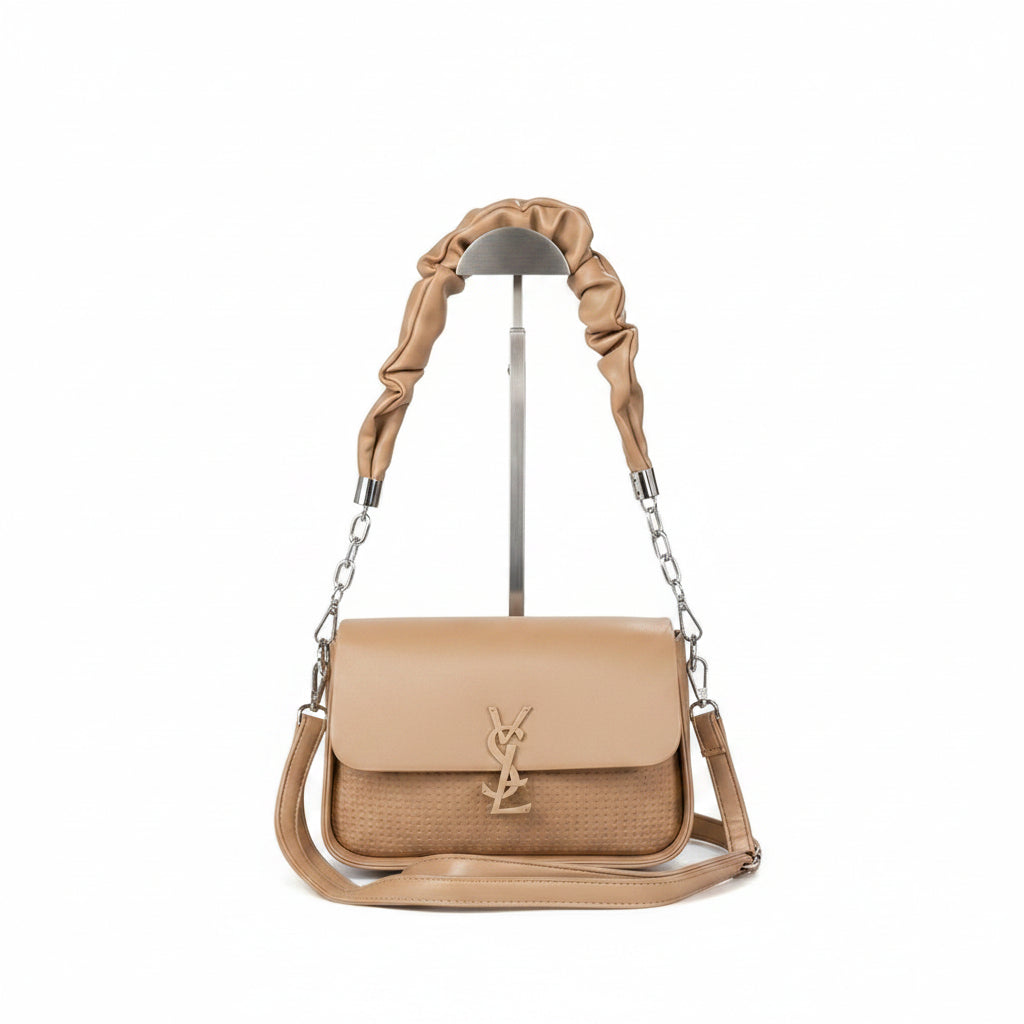 Textured Shoulder Bag with Ruched Handle and Logo Hardware