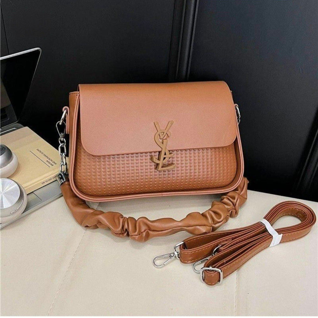 Textured Shoulder Bag with Ruched Handle and Logo Hardware