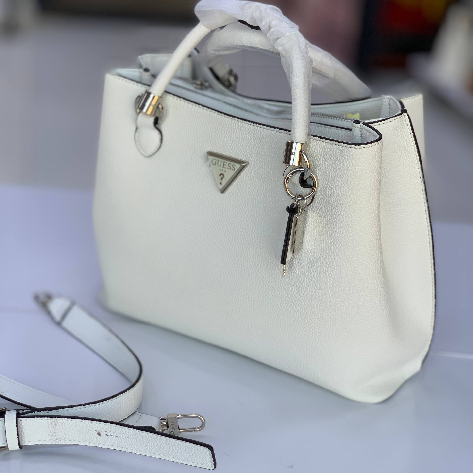 Guess Textured White Handbag with Silver Hardware