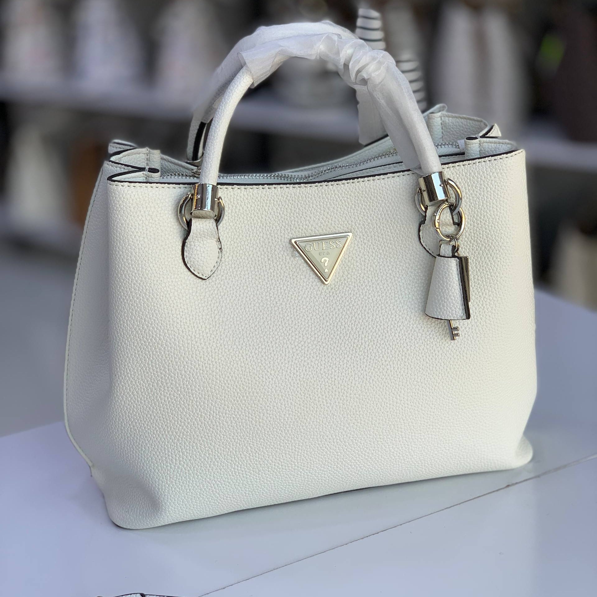 Guess Textured White Handbag with Silver Hardware