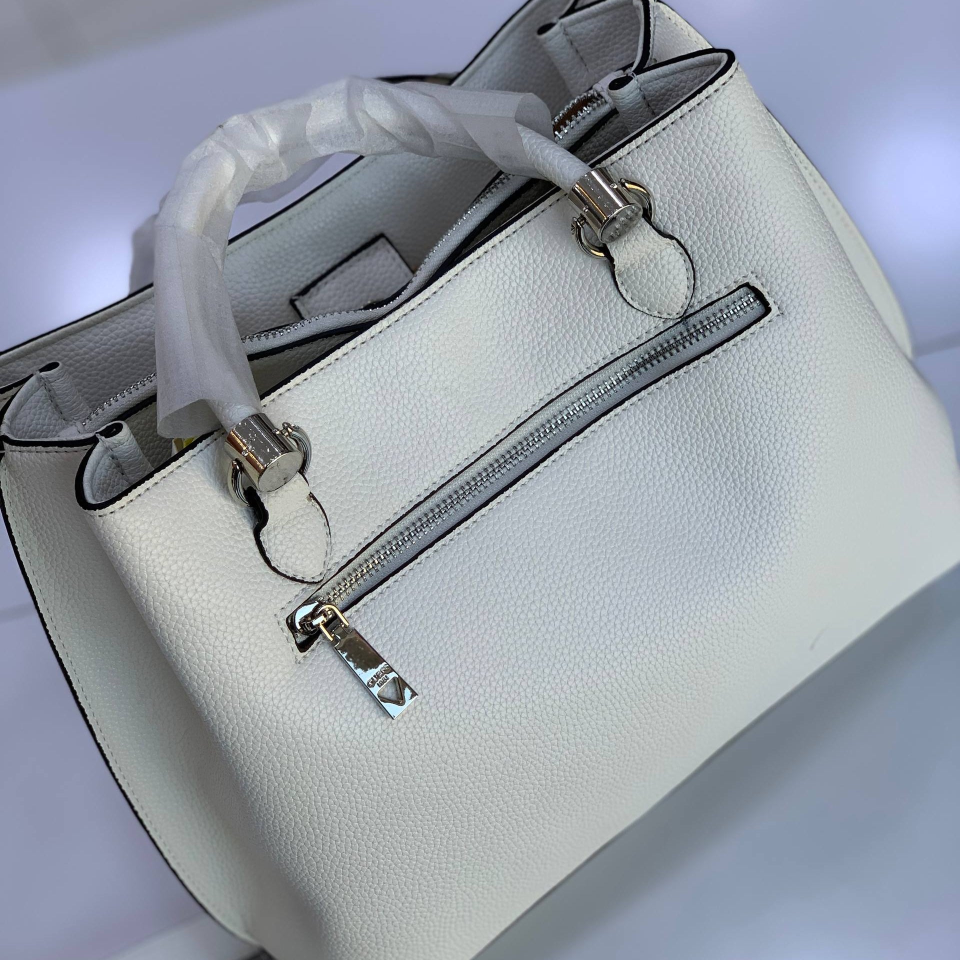 Guess Textured White Handbag with Silver Hardware