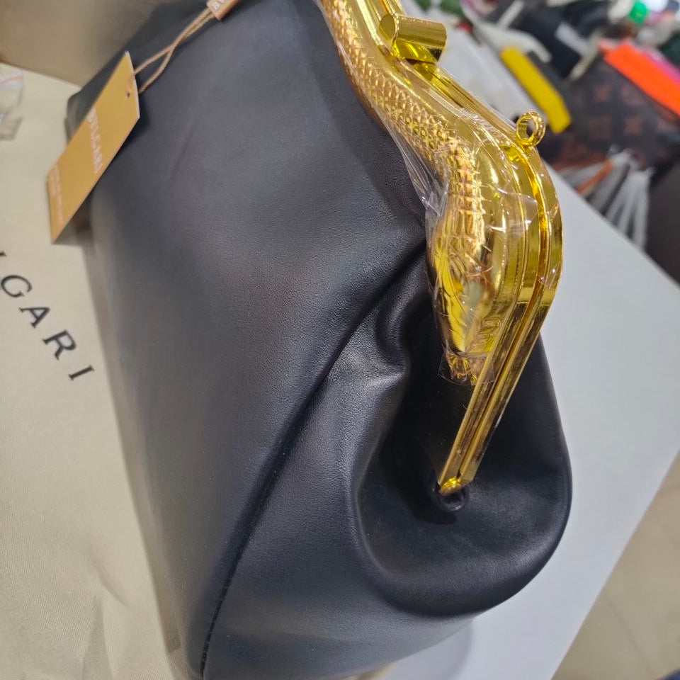 Bvlgari Black Clutch with Signature Gold Tone Snake Head Clasp