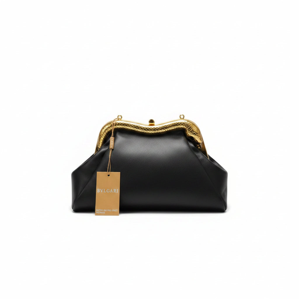 Bvlgari Black Clutch with Signature Gold Tone Snake Head Clasp