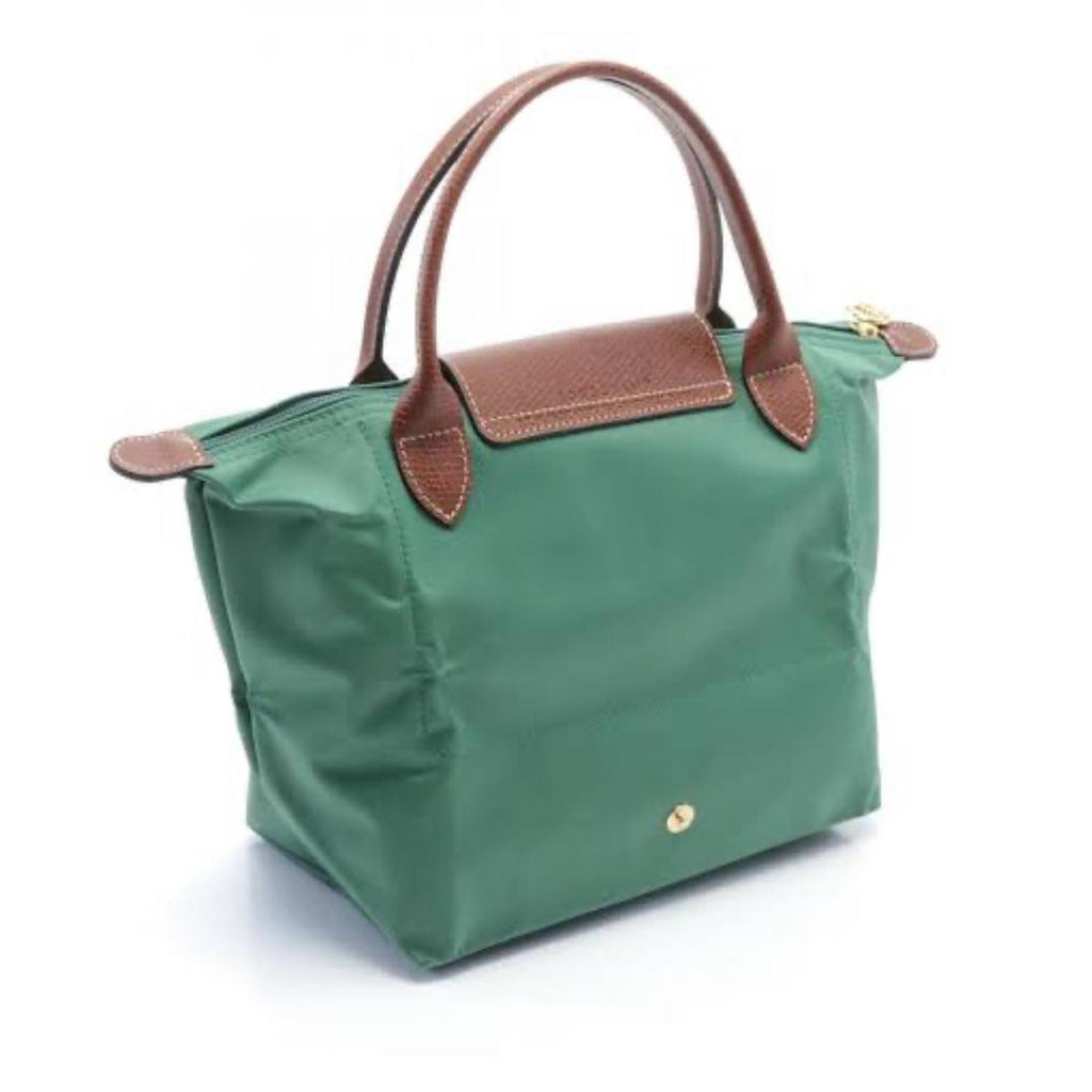 Longchamp Style Small Green Tote Bag with Brown Leather Trim
