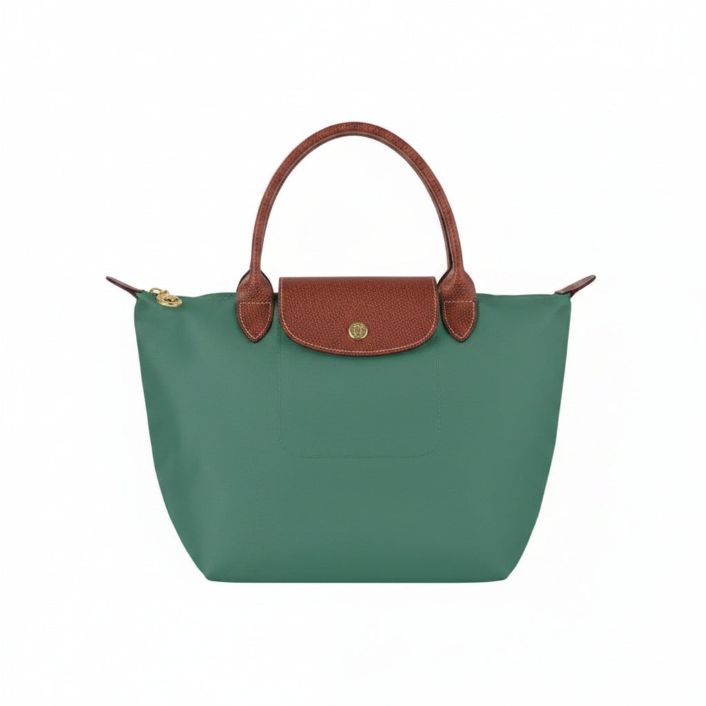 Longchamp Style Small Green Tote Bag with Brown Leather Trim