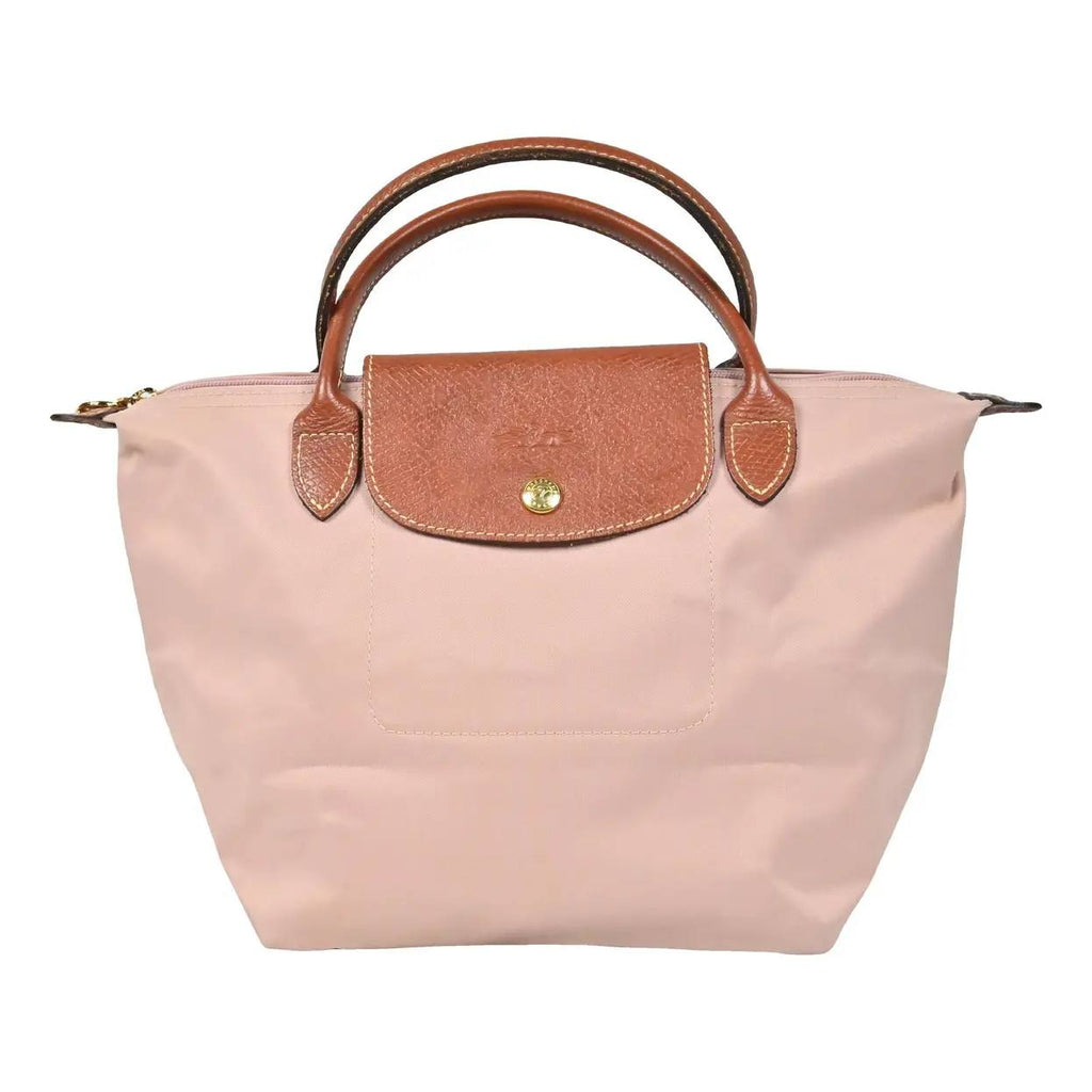Longchamp Style Small Green Tote Bag with Brown Leather Trim