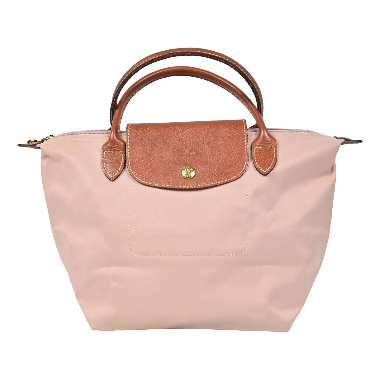Longchamp Style Small Green Tote Bag with Brown Leather Trim