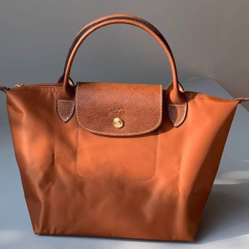 Longchamp Style Small Green Tote Bag with Brown Leather Trim