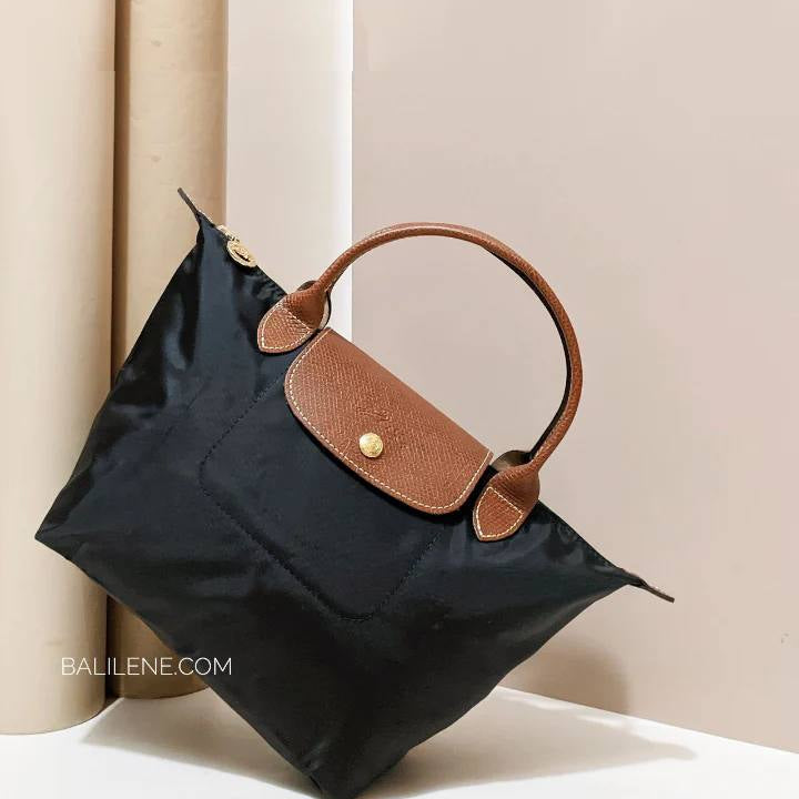 Longchamp Style Small Green Tote Bag with Brown Leather Trim