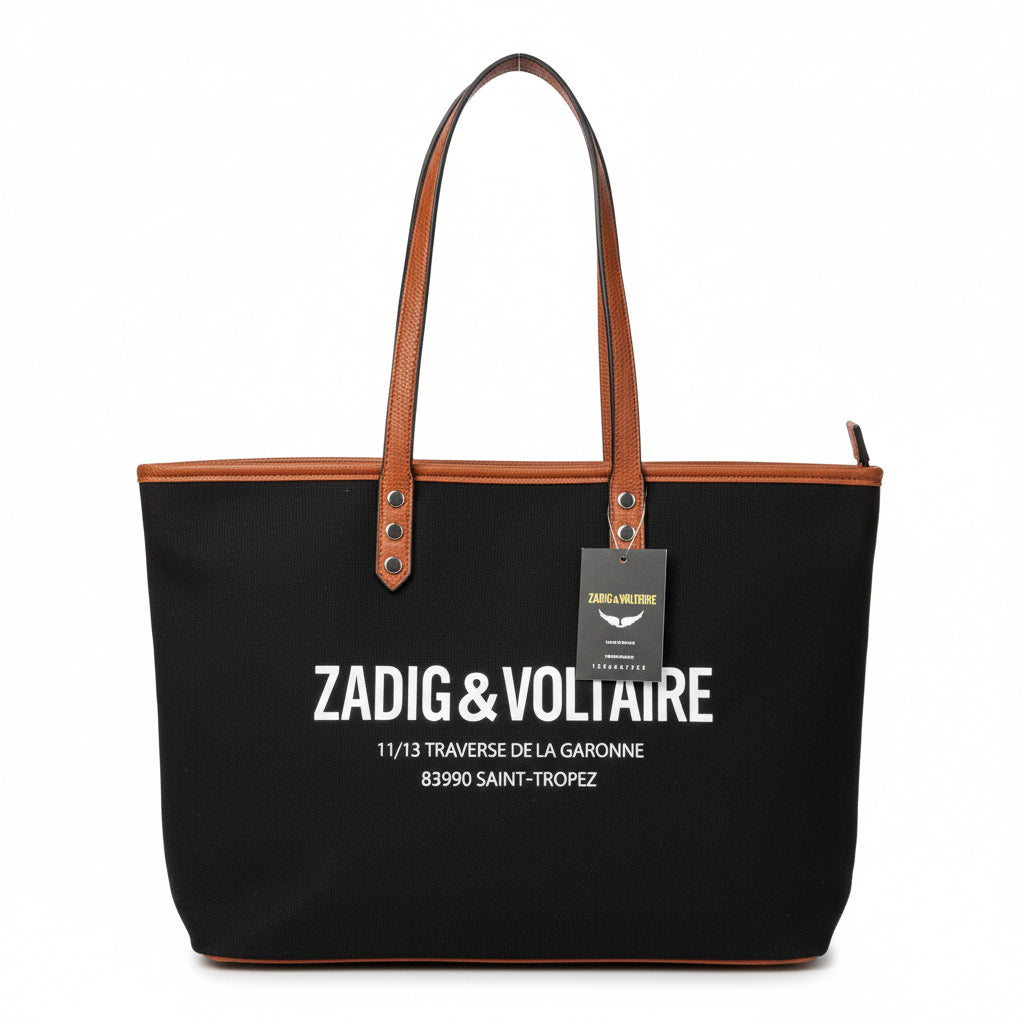 Zadig & Voltaire Canvas Tote Bag with Tan Leather Style Handles