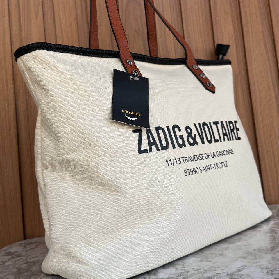Zadig & Voltaire Canvas Tote Bag with Tan Leather Style Handles