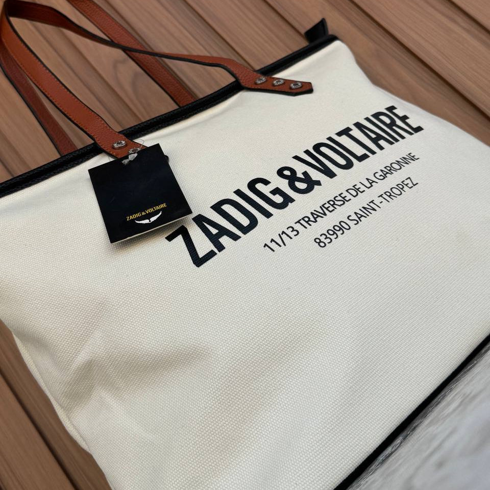 Zadig & Voltaire Canvas Tote Bag with Tan Leather Style Handles
