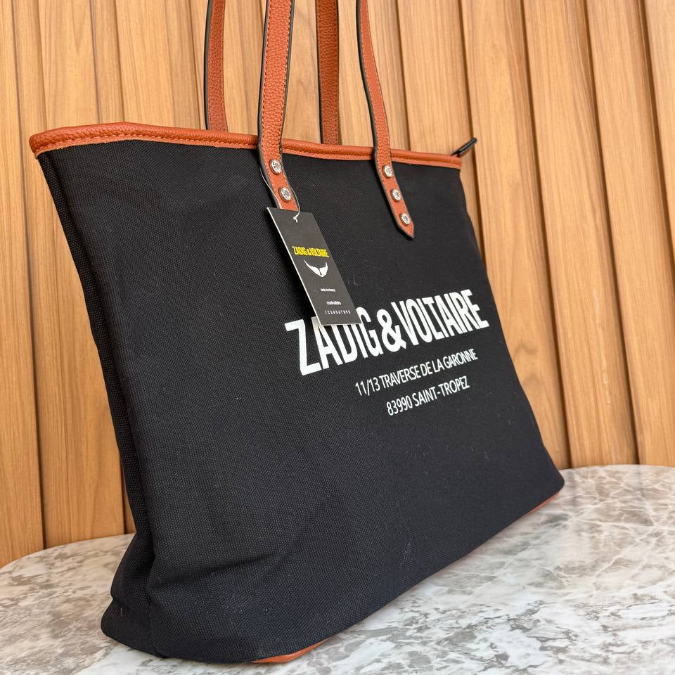 Zadig & Voltaire Canvas Tote Bag with Tan Leather Style Handles