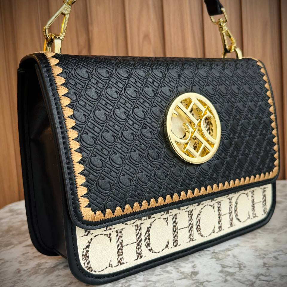 C.H Designer Style Crossbody with Embroidered Detail and Gold Hardware