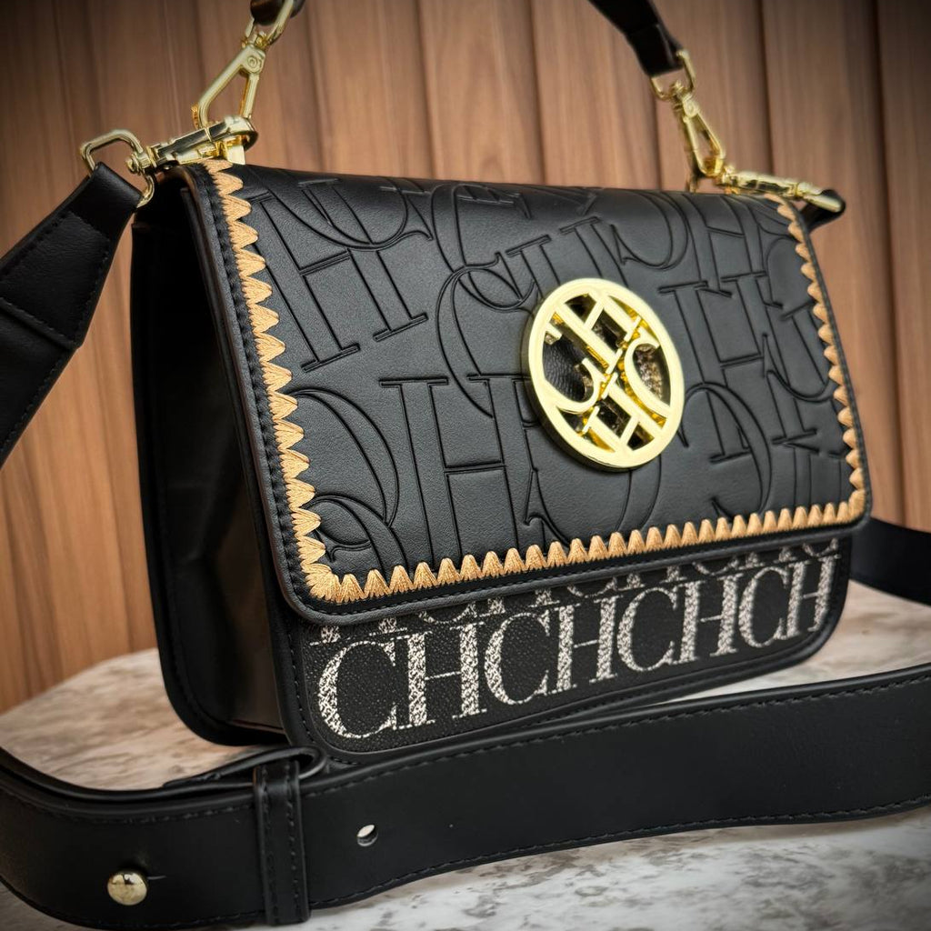 C.H Designer Style Crossbody with Embroidered Detail and Gold Hardware