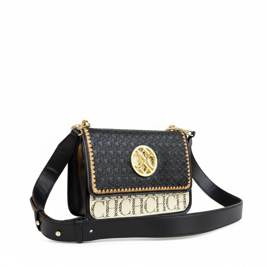 C.H Designer Style Crossbody with Embroidered Detail and Gold Hardware