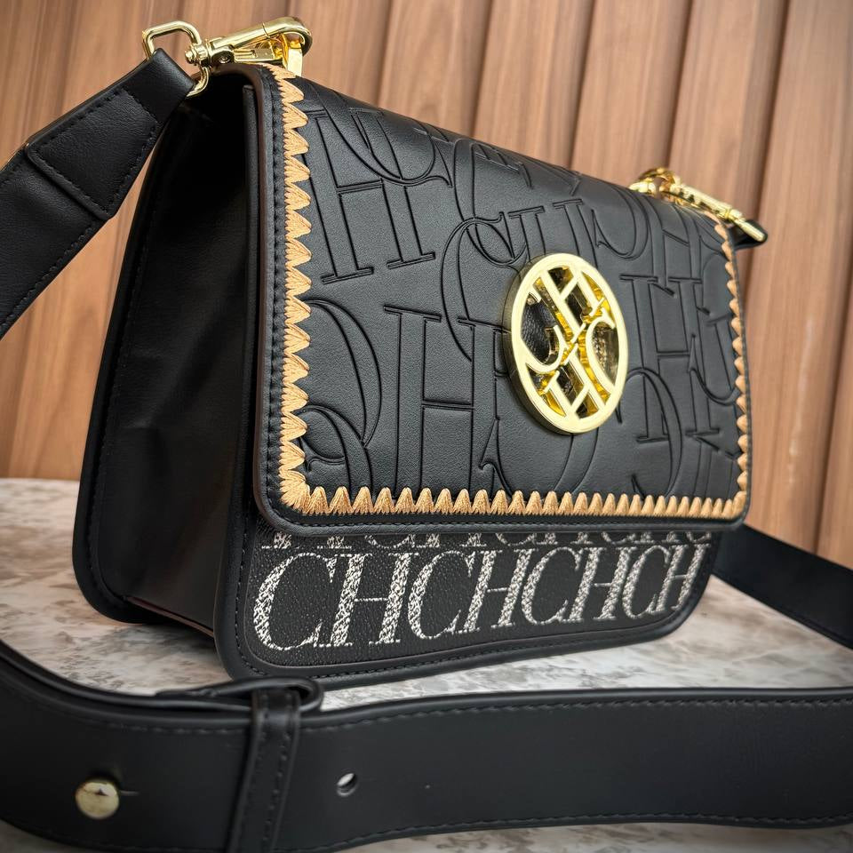 C.H Designer Style Crossbody with Embroidered Detail and Gold Hardware