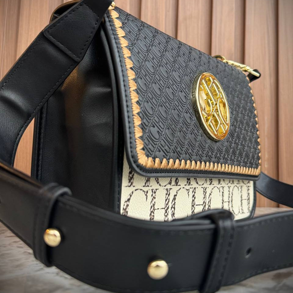 C.H Designer Style Crossbody with Embroidered Detail and Gold Hardware