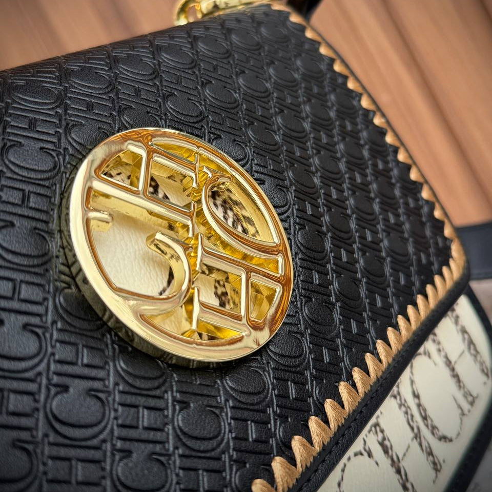 C.H Designer Style Crossbody with Embroidered Detail and Gold Hardware