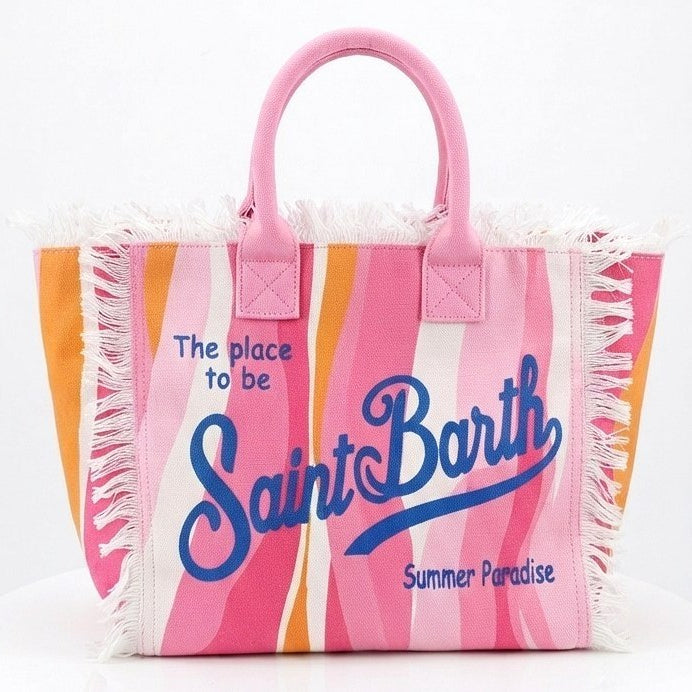 Saint Barth Summer Paradise Fringed Canvas Tote Bag