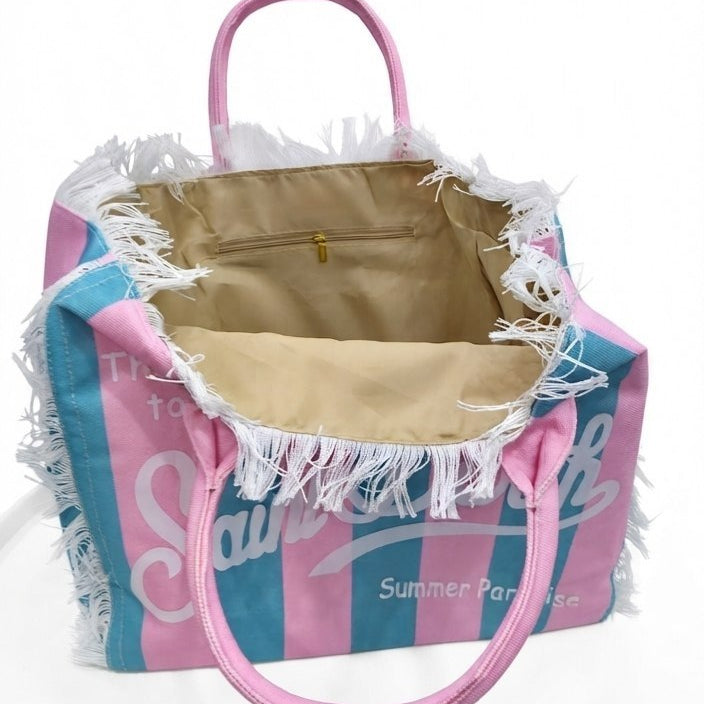 Saint Barth Summer Paradise Fringed Canvas Tote Bag