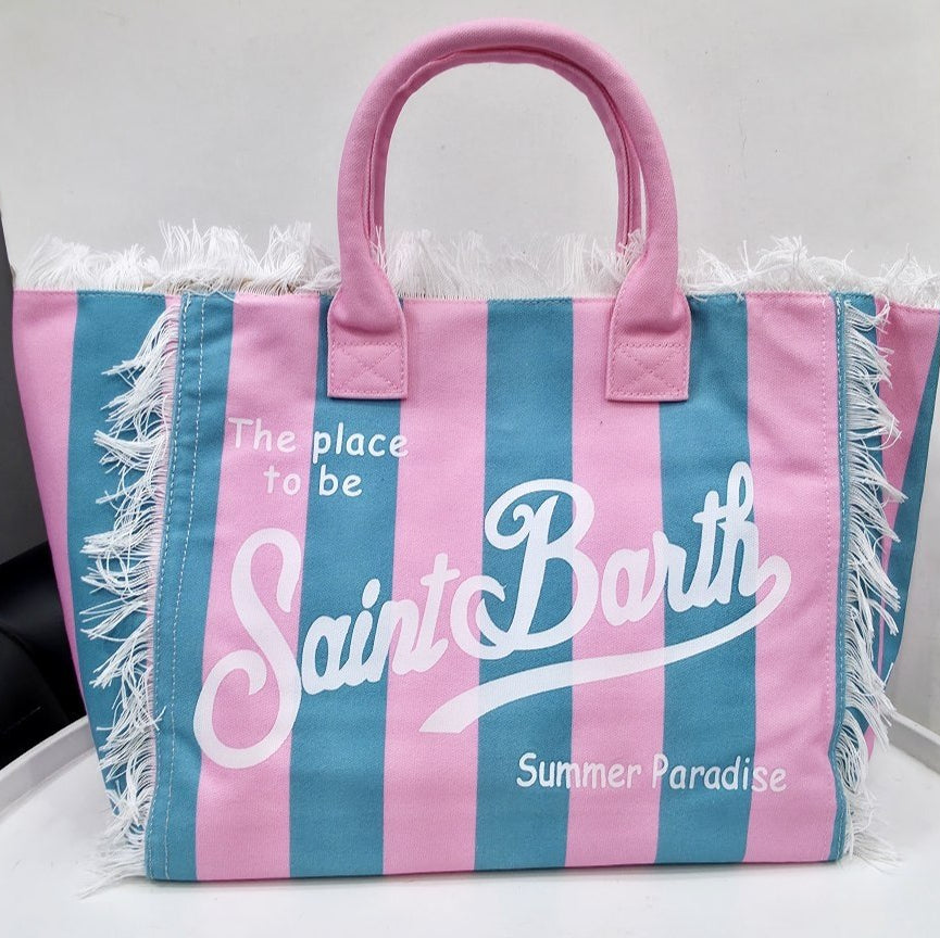 Saint Barth Summer Paradise Fringed Canvas Tote Bag