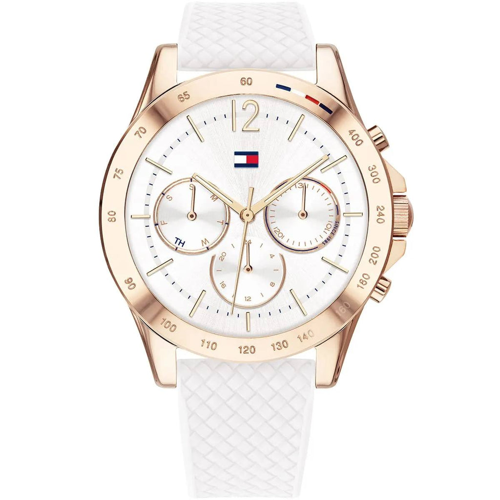 Tommy Hilfiger Rose Gold Tone Multi Function White Silicone Watch