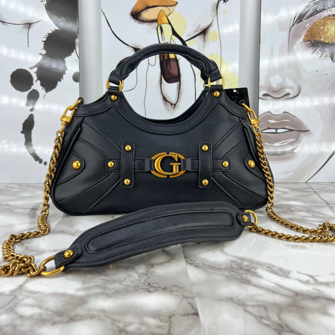 GUESS Black Pebbled Leather Shoulder Bag with Gold Hardware 🖤✨👜