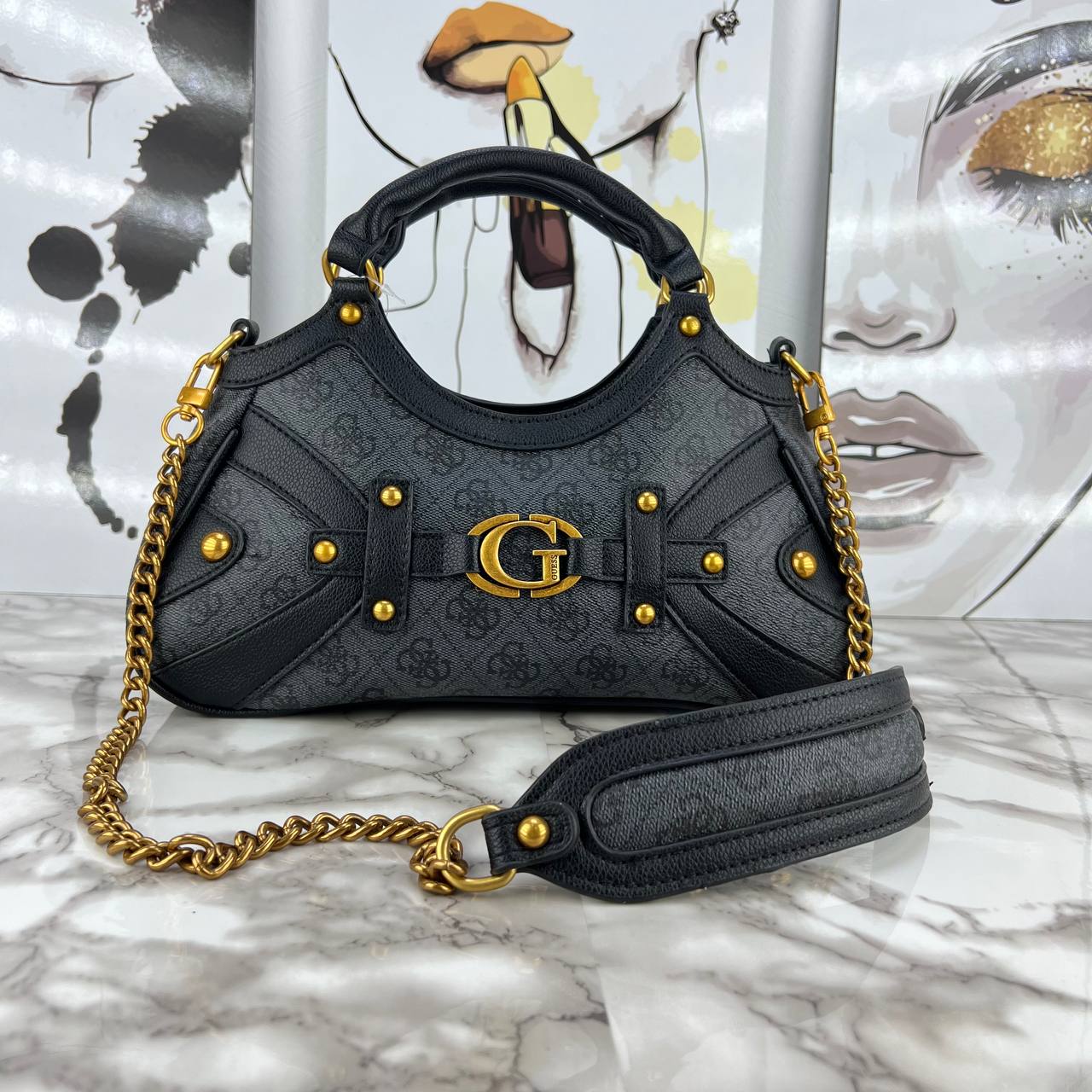 GUESS Black Pebbled Leather Shoulder Bag with Gold Hardware 🖤✨👜