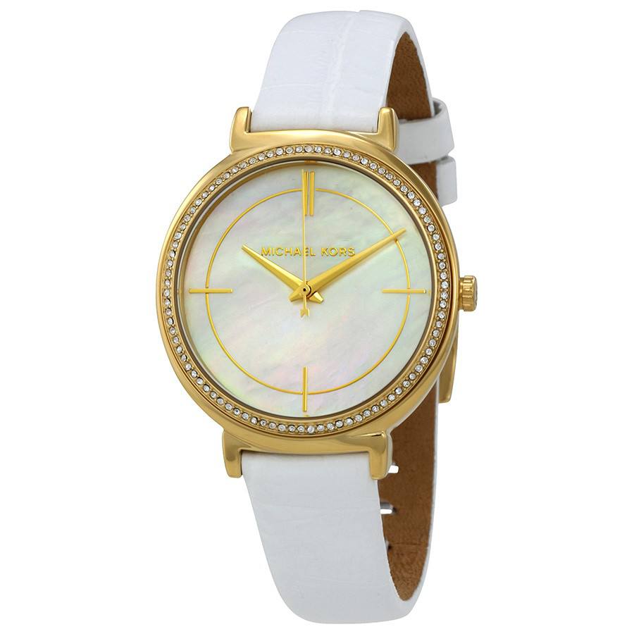Michael Kors White Leather Gold-Tone Crystal Watch ⌚✨🤍