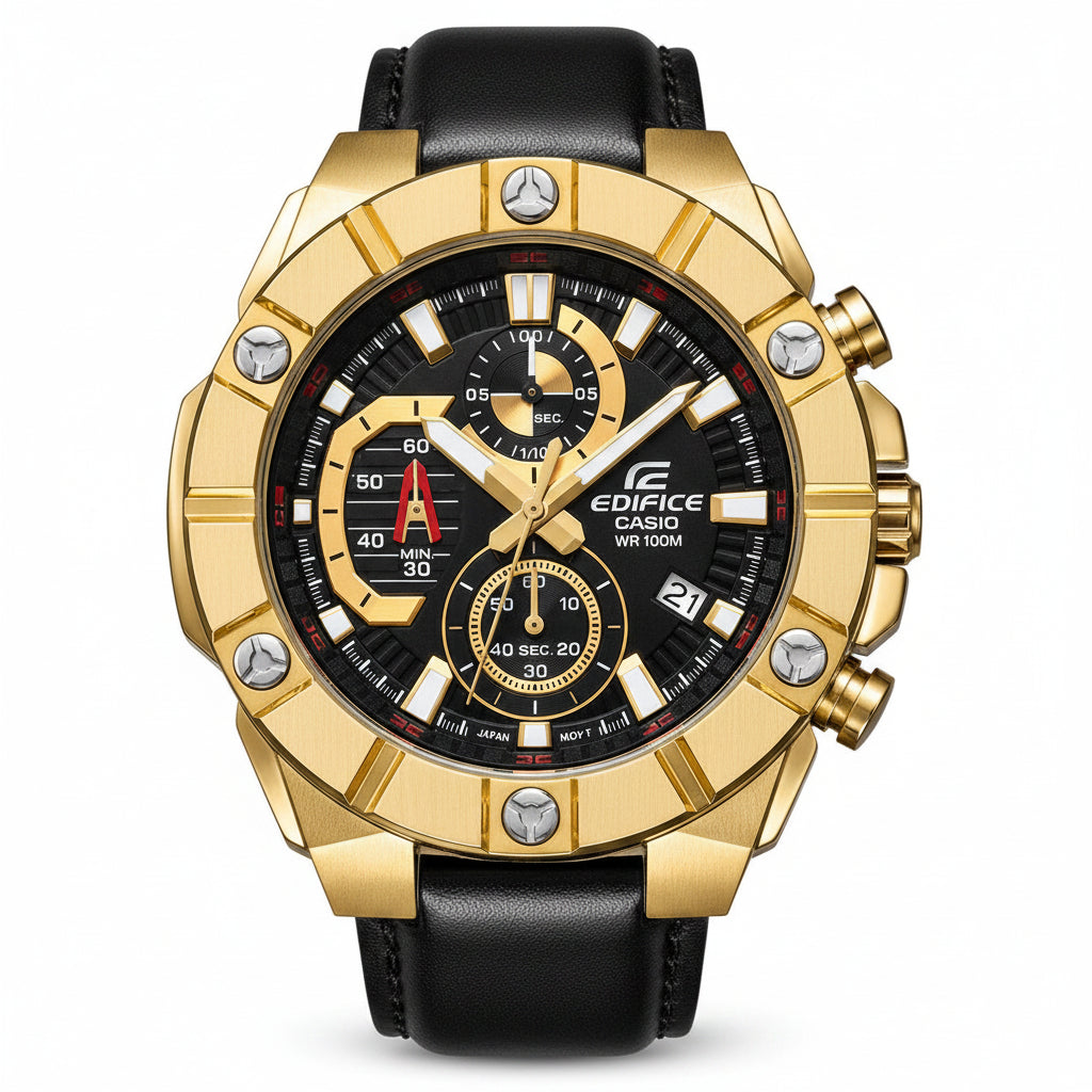 Casio Edifice Gold-Tone & Black Leather Men's Watch ⌚🖤💛