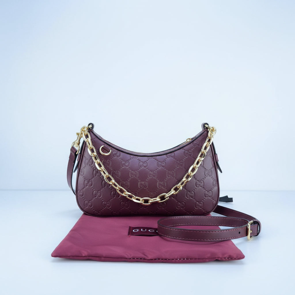 Gucci GG Embossed Burgundy Shoulder Bag with Gold Chain ✨👜
