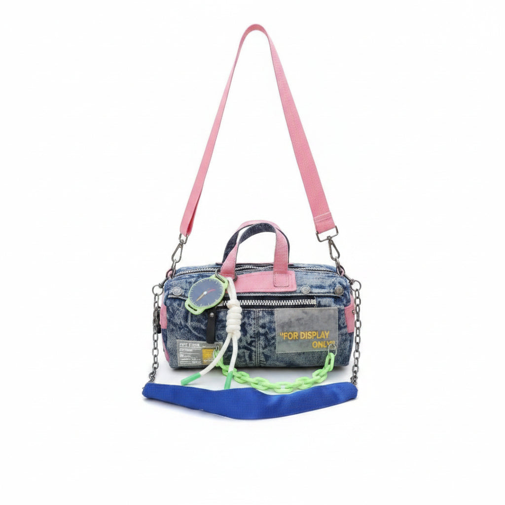 Denim & Leather Casual Handbag with Decorative Watch Pendant 👜✨