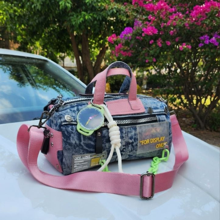 Denim & Leather Casual Handbag with Decorative Watch Pendant 👜✨