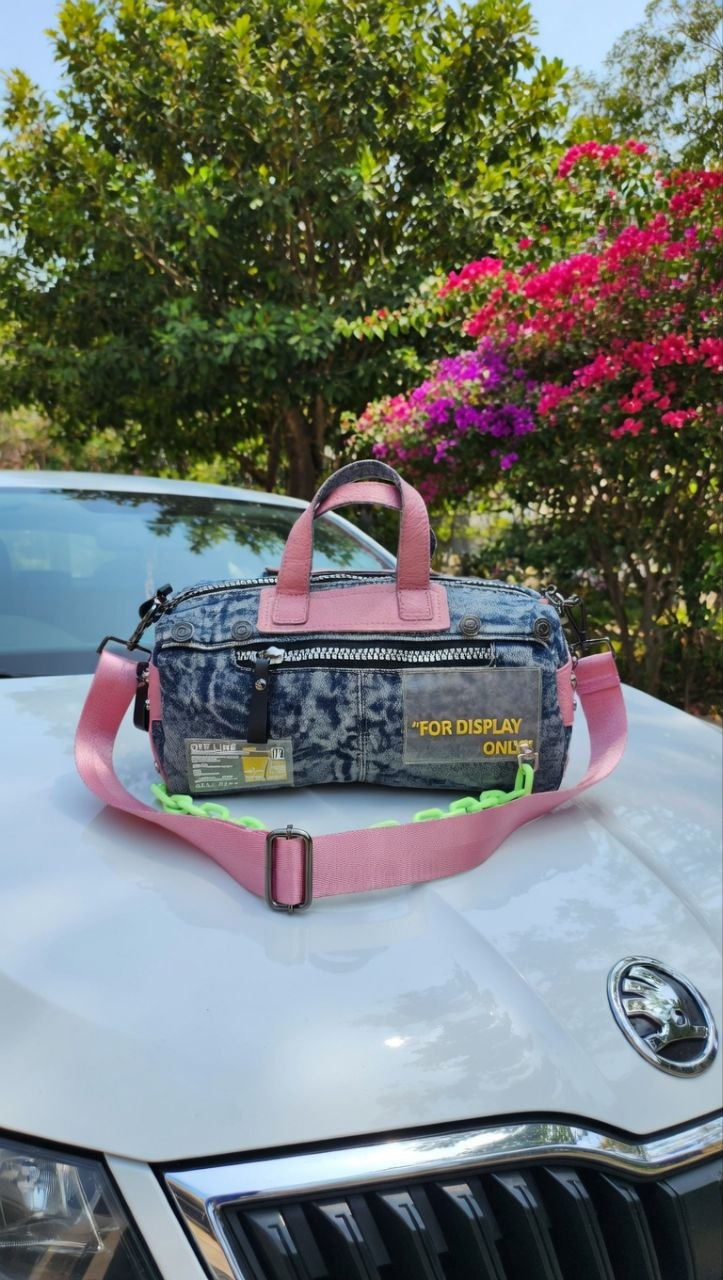 Denim & Leather Casual Handbag with Decorative Watch Pendant 👜✨