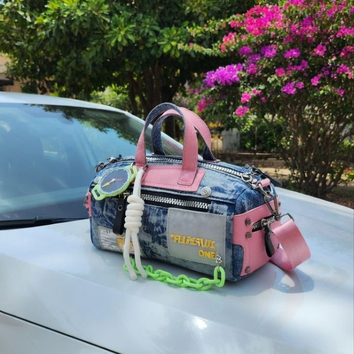 Denim & Leather Casual Handbag with Decorative Watch Pendant 👜✨