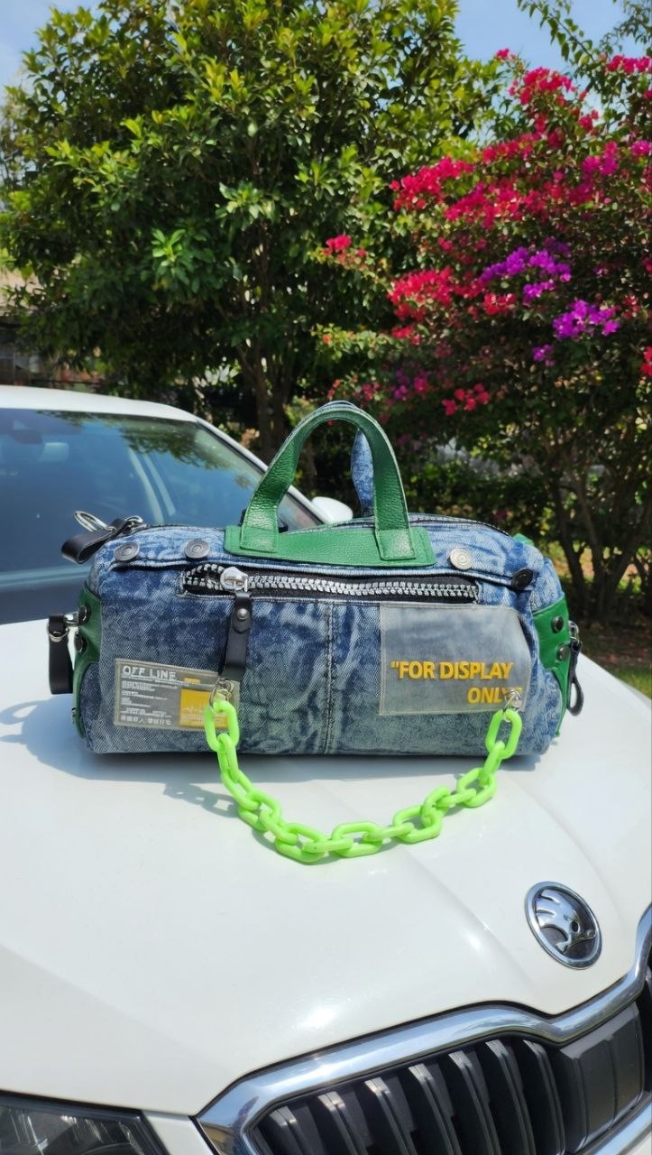 Denim & Leather Casual Handbag with Decorative Watch Pendant 👜✨