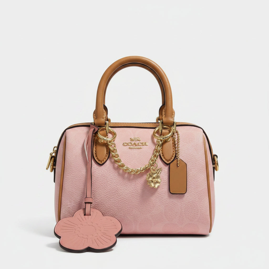 Coach Pink Floral Charm Leather Handbag with Gold-Tone Hardware 🌸👜