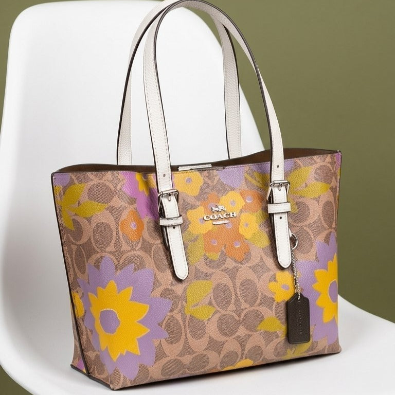 Coach Floral Monogram Tote with White Leather Handles 🌸👜