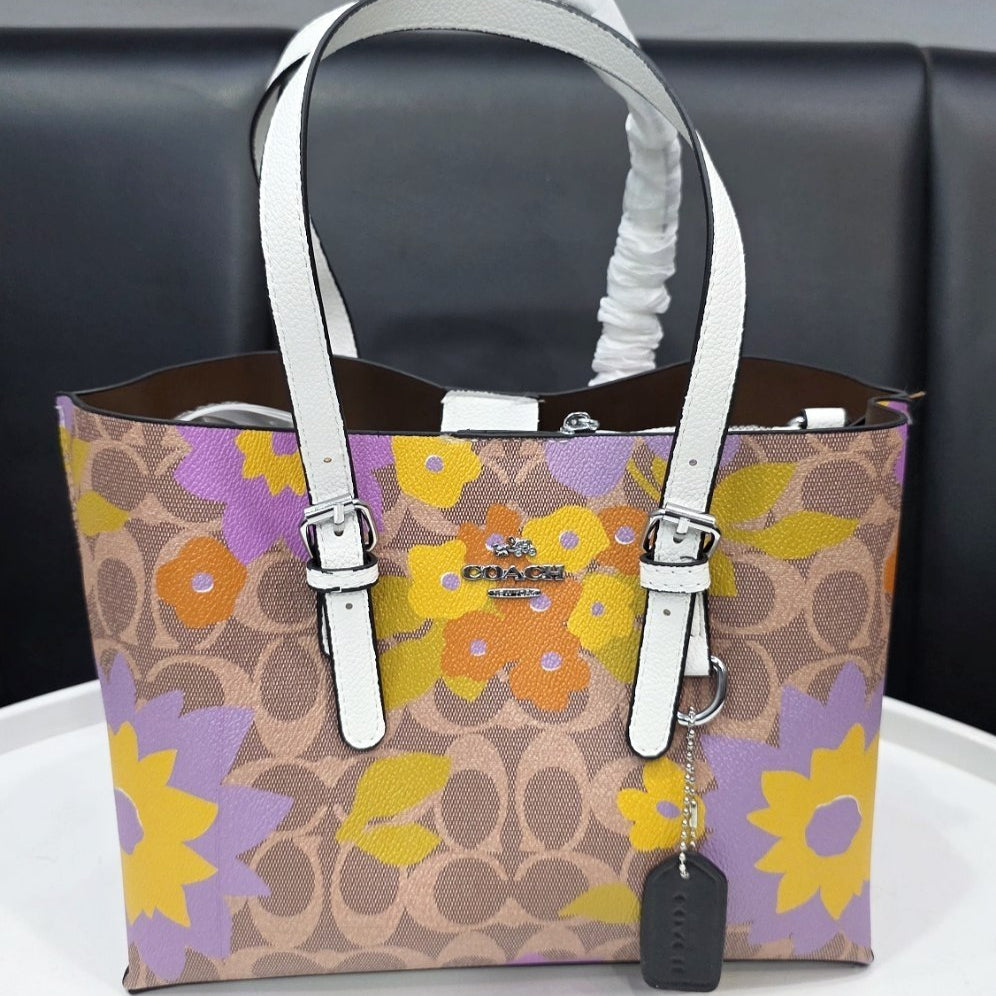 Coach Floral Monogram Tote with White Leather Handles 🌸👜