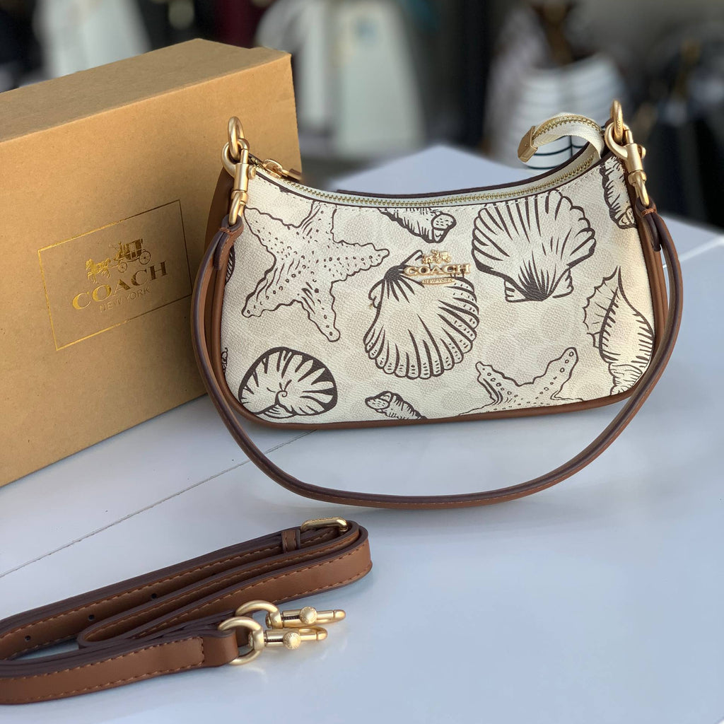 Coach Seashell Print Shoulder Bag in White and Brown 🐚✨👜