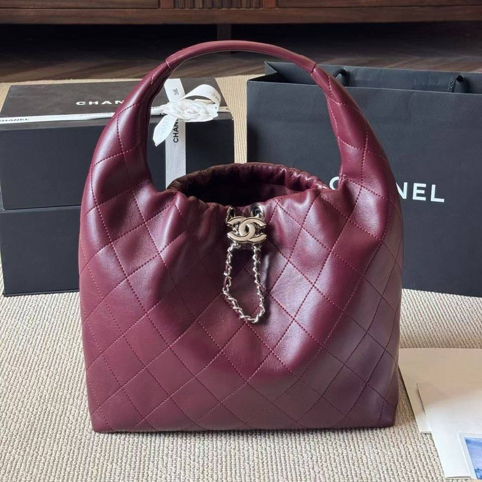 Chanel Quilted Leather Hobo Bag with Chain Detail