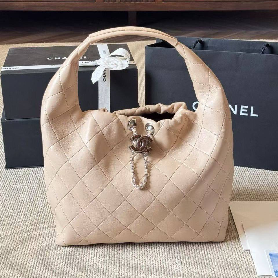 Chanel Quilted Leather Hobo Bag with Chain Detail