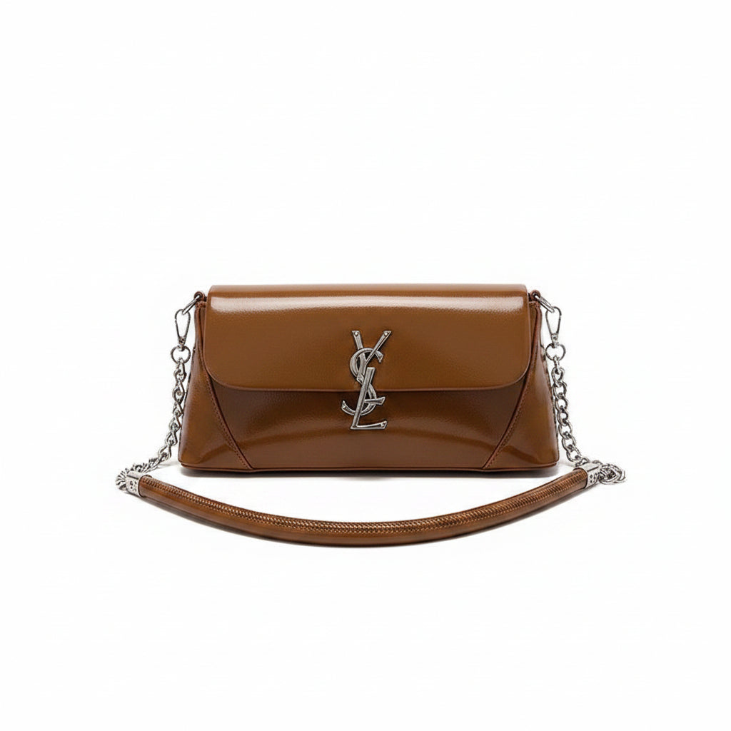 Brown YSL Style Shoulder Bag with Silver Tone Emblem