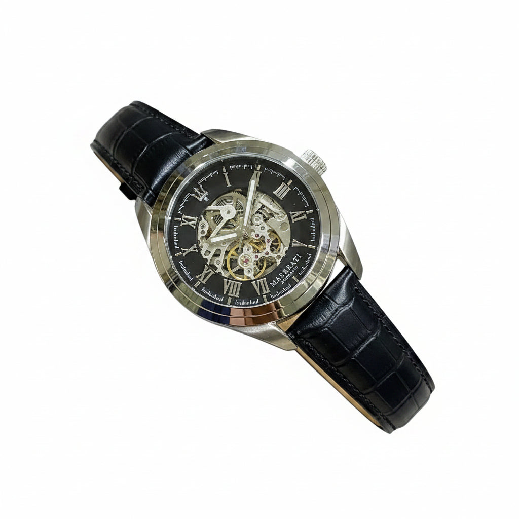 Maserati Traguardo Automatic Skeleton Watch with Black Leather Strap