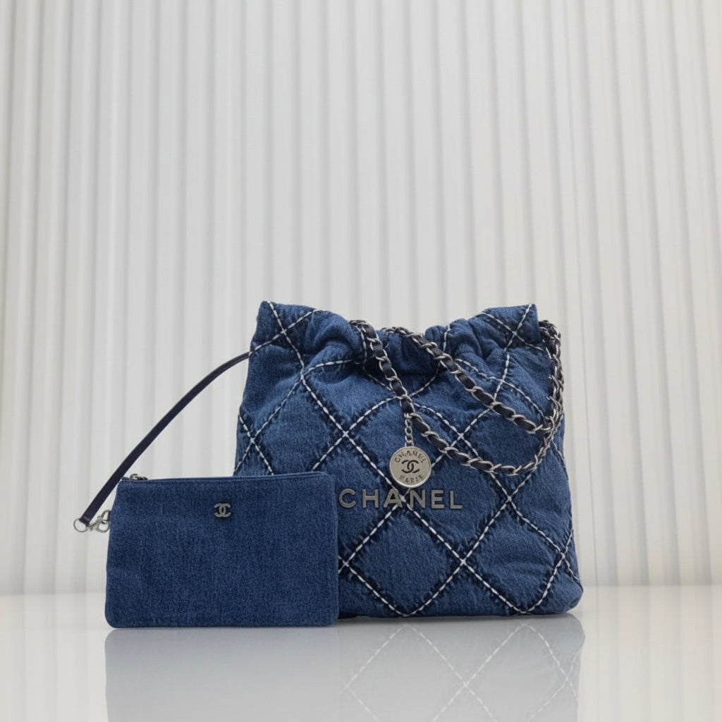 Chanel Quilted Denim Tote Bag with Matching Pouch
