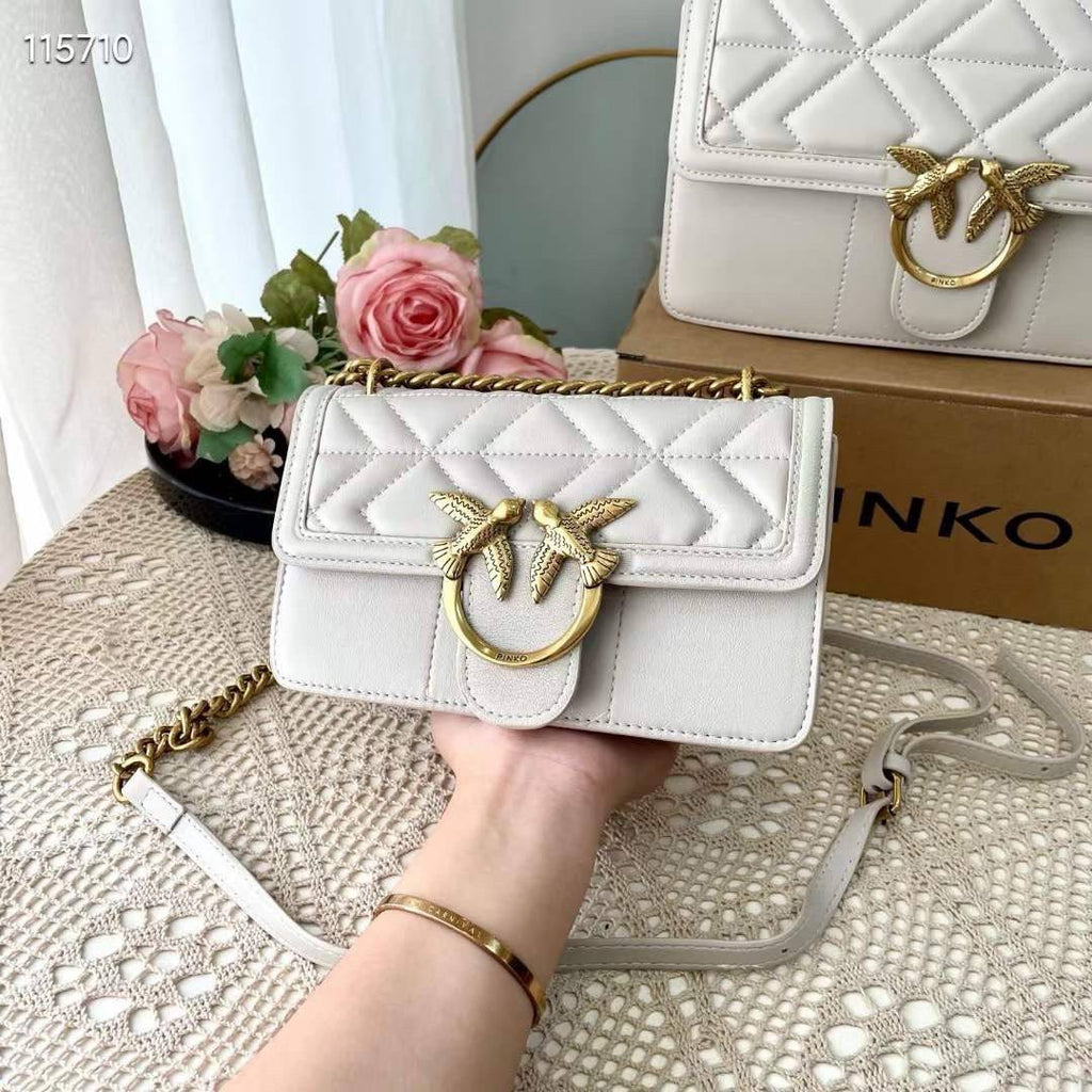 PINKO Large Quilted Shoulder Bag with Gold Tone Bird Hardware