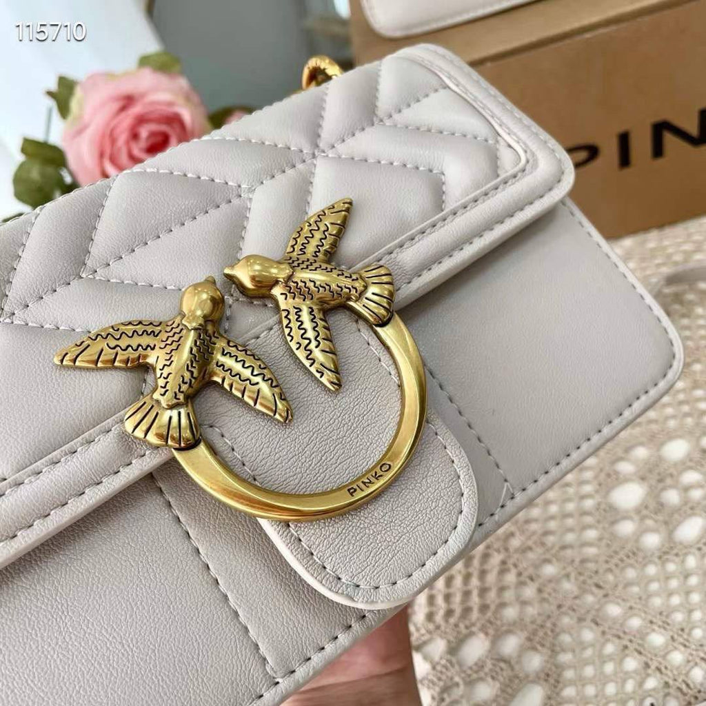 PINKO Large Quilted Shoulder Bag with Gold Tone Bird Hardware