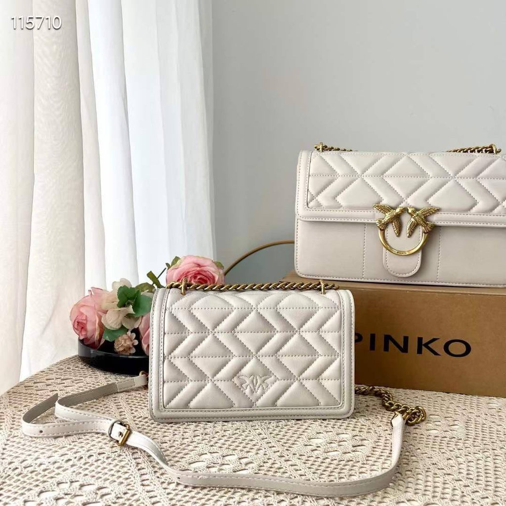 PINKO Large Quilted Shoulder Bag with Gold Tone Bird Hardware