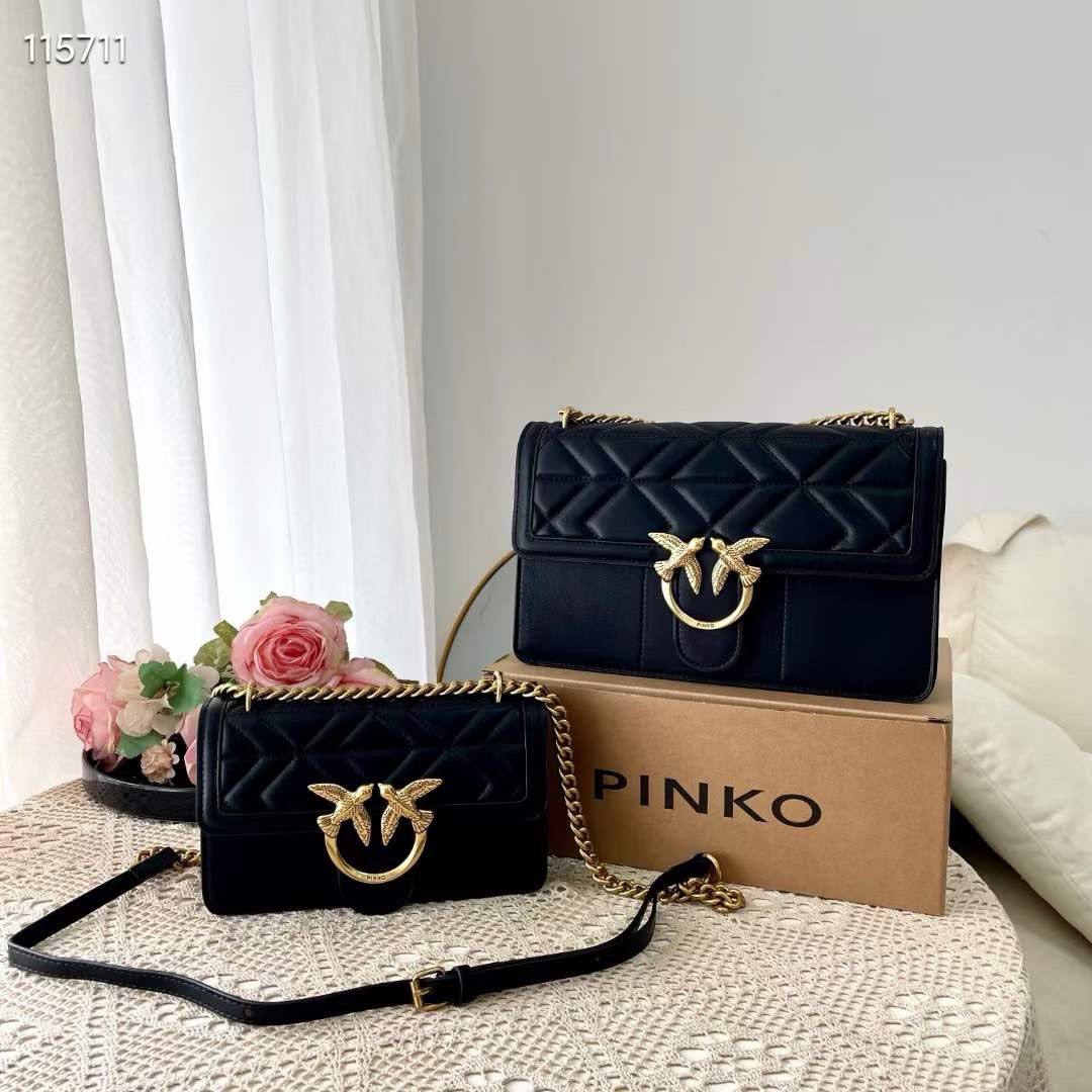 PINKO Large Quilted Shoulder Bag with Gold Tone Bird Hardware